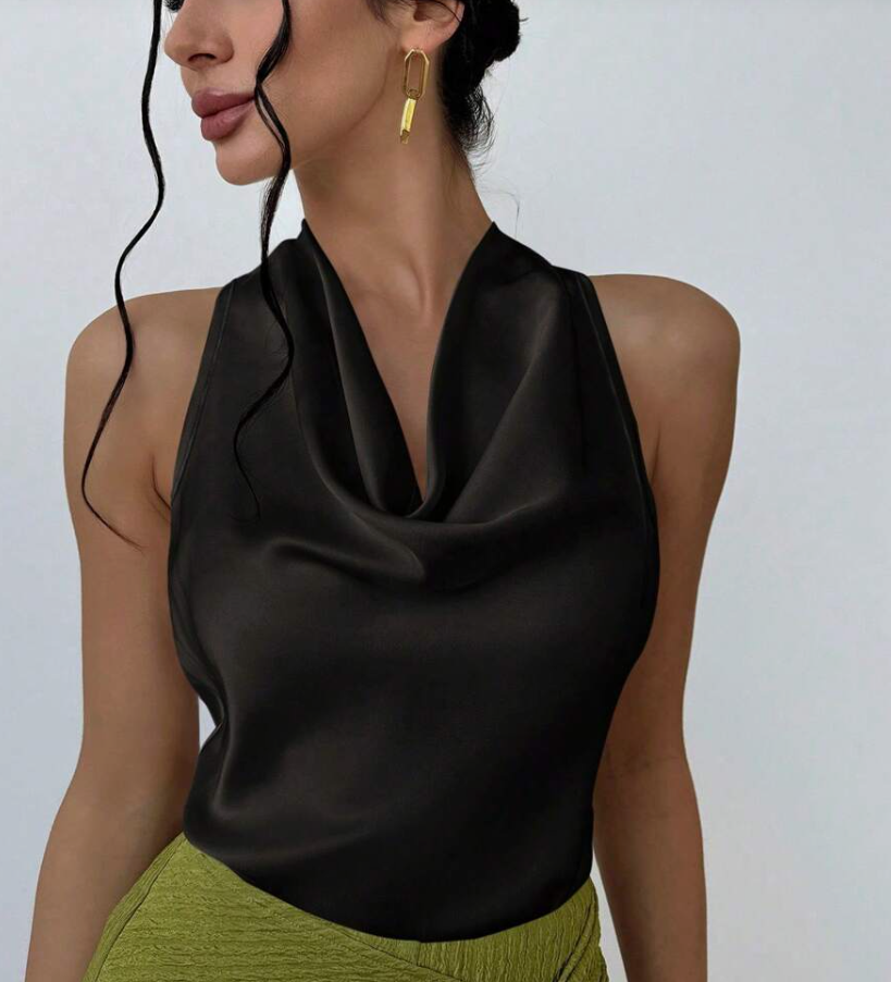 Firerie Blusa de mujer elegante y sencilla en color albaricoque con cuello drapeado y lazo