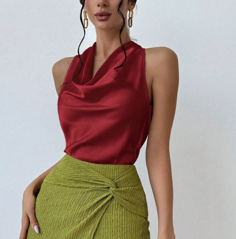Firerie Blusa de mujer elegante y sencilla en color albaricoque con cuello drapeado y lazo