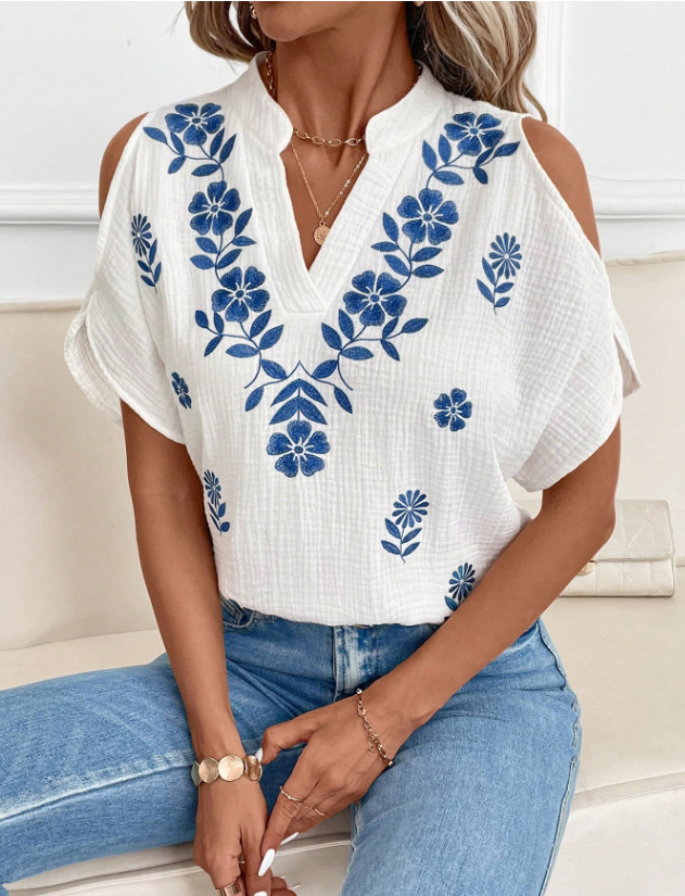 Clasi Blusa blanca de manga de murciélago con hombros abiertos y textura